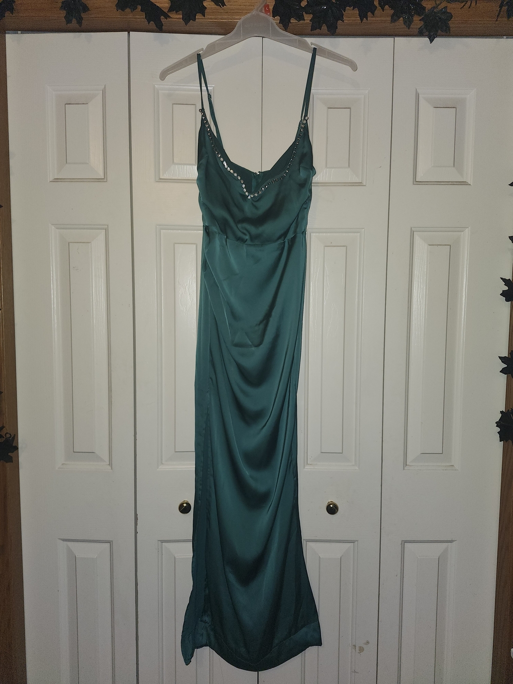 Elegant Green Satin Slip Dress with Embellished Neckline